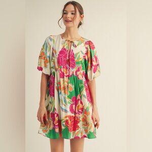 Green multi loose floral tiered puff boho western ruffle sleeve midi dress